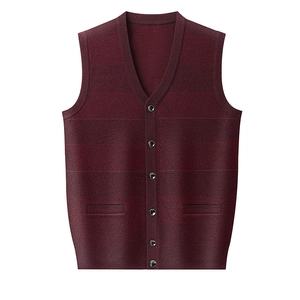 Men's V-neck burgundy knit vest cardigan with subtle geometric pattern and buttons