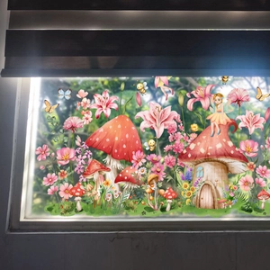 Detail of mushroom house and fairy garden window stickers with sunlight and floral accents
