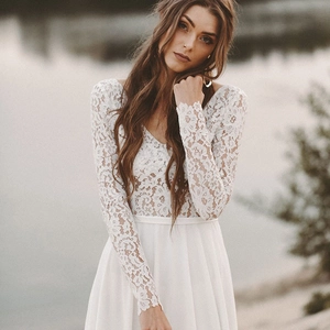 Wedding Dress Long Sleeve Lace Chiffon Deep V Neck Backless A-Line Beach Bridal Gown Bohemian Style For Women