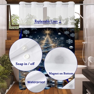 Close-up of waterproof Christmas shower curtain with snap-in liner and magnetic bottom