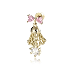 Pink heart bow earring with golden lace pendant and white crystal drop for women