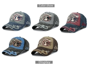Detail view of cotton baseball caps with shark embroidery in five vintage color schemes