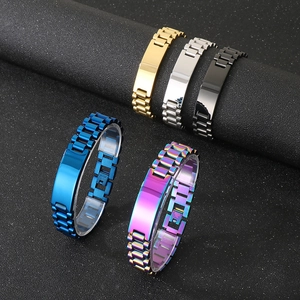 Detail of adjustable stainless steel watchband bracelets in five vibrant metallic colors