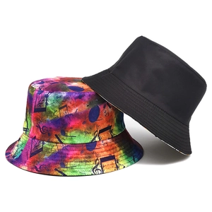 Black and colorful musical note print bucket hat with rainbow gradient for sun protection