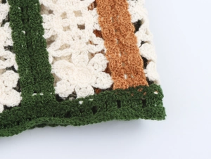 Detailed close-up of retro crochet knit fabric with floral pattern and hand-woven texture