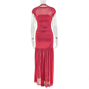 Detail of red sleeveless mesh overlay on a slim fit maxi dress back view on mannequin
