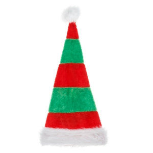 Extra long plush Christmas hat with red and green stripes and white pompom detail