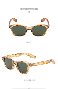 Dettaglio degli occhiali da sole squadrati vintage verde demi con accenti argentati