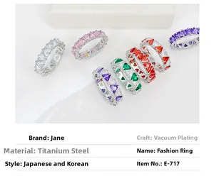Detailed macro view of titanium steel rings with triangle cut colorful cubic zirconia