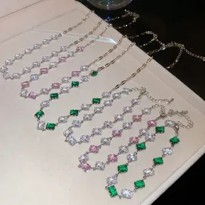 Elegant rectangle zircon pendant necklace set with silver chain in multiple colors