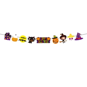 Detail of Happy Halloween banner featuring cartoon pumpkin, ghost, and bat decorations