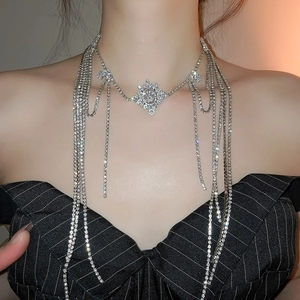 Detailed view of silver zircon tassel necklace with a sparkling star-shaped pendant