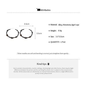 Detailed size chart for vintage tiger eye C-hoop earrings with rhinestone inlay