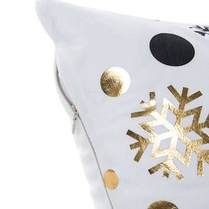 White Christmas pillow case with golden snowflakes and invisible zipper closure detail