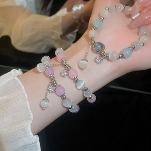 Star charm opal beaded bracelet with colorful cat-eye stones and adjustable tassel