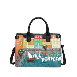 Mexican style embroidered handbag with colorful Portofino coastal town patchwork