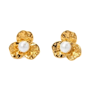 Flower Stud Earrings 316 Stainless Steel Hammered Texture Artificial Pearl Elegant Korean Style Jewelry For Women