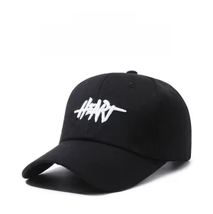 Close-up of the white HEART embroidery on a high-quality black cotton baseball cap