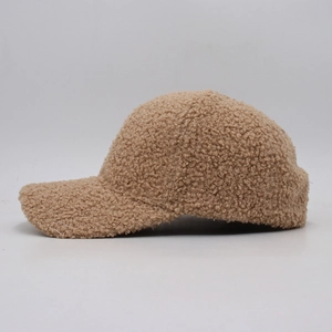 Detailed texture of khaki sherpa fleece baseball cap with soft curly plush fabric