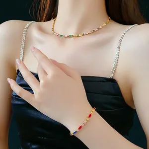 Luxury gold plated necklace and bracelet set with colorful rainbow zircon stones
