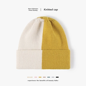 Patchwork Color Block Knitted Beanie Soft Warm Winter Hat For Women Faux Rabbit Fur Ribbed Cuffed
