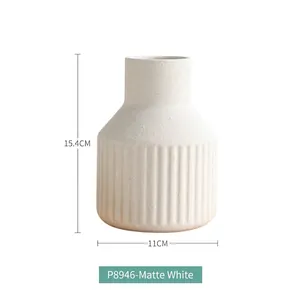 Matte white ceramic vase with vertical embossed stripes, minimalist Nordic home decor style