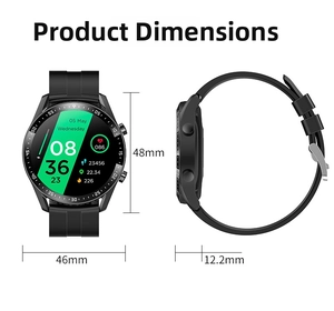 Smartwatch detaillierte Abmessungen Zeichnung mit 46mm Breite, 48mm Höhe und 12,2mm Dicke.