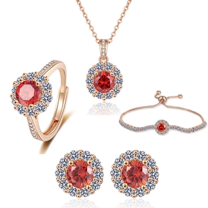 Rose Gold Plated Necklace Earrings Bracelet And Ring Jewelry Copper Red Gemstone Halo Sunflower Design Women Fashionable
