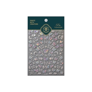Holographic silver butterfly and star moon nail art stickers on a white background