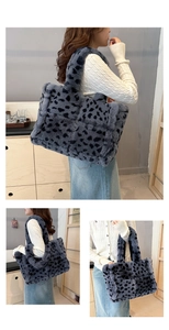 Viste dettagliate di una borsa tote in peluche con stampa leopardata blu e pelliccia