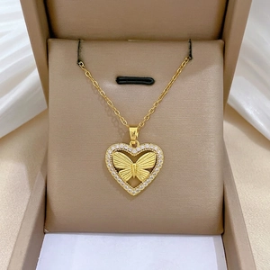Heart Butterfly Pendant Necklace Stainless Steel Chain Copper Zircon Inlaid Elegant Gold Color Clavicle Jewelry For Women