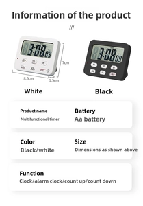 Macro view of digital kitchen timer showing large LCD screen and dimensions 8.5x7x1.5cm