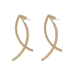 Elegant long gold clip-on earrings with cross curved design for non-pierced ears