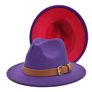 Two-tone purple and red wool fedora hat with brown leather band and gold buckle details
