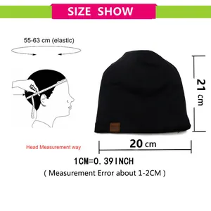 Size chart for breathable thin beanie showing 55-63cm circumference and dimensions