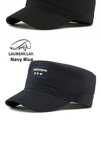 Detail of flat top military caps in black and navy with embroidered star patches