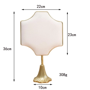 Detailed size specifications for a white velvet jewelry display stand with a gold base