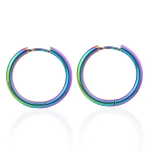 Detail of round rainbow anodized stainless steel hoop earrings with a gradient metallic finish