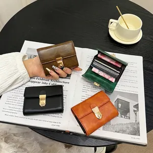 Vintage accordion leather card holder with gold lock, multi-slot wallet in four colors