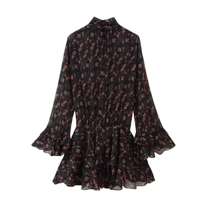 Elegant floral chiffon mini dress with tiered ruffles and long flare sleeves in black