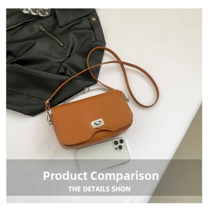 Detail of tan leather crossbody bag with silver ring clasp and chain strap next to a smartphone