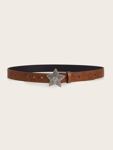 Detail of a brown leather belt featuring star embossing and an ornate silver buckle