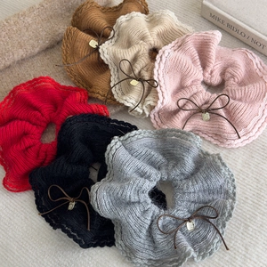 Detailed set of six knit hair scrunchies with lace trim and mini bow pendants