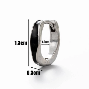 Detail view of silver steel hoop earring with black inlay showing 1.3cm height dimension