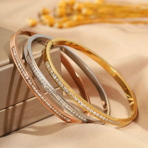 Three-piece titanium steel hinge bracelets in gold rose gold and silver with zircon