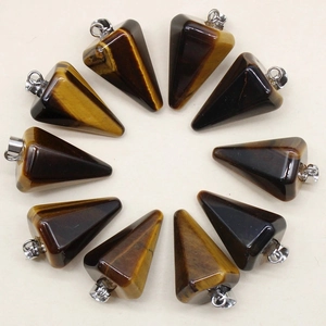 Detailed set of ten tiger eye crystal cone pendants with silver metal clasps