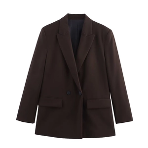 Deep brown double-breasted blazer with notch lapel and classic long sleeves