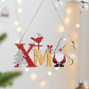 Wooden XMAS hanging ornaments with gnome and bird motifs for Christmas tree decoration