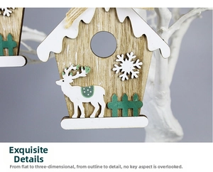 Close-up of wooden Christmas birdhouse ornament with reindeer and white snow details