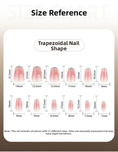 Detailed size chart for short coffin press-on nails showing 12 different sizes